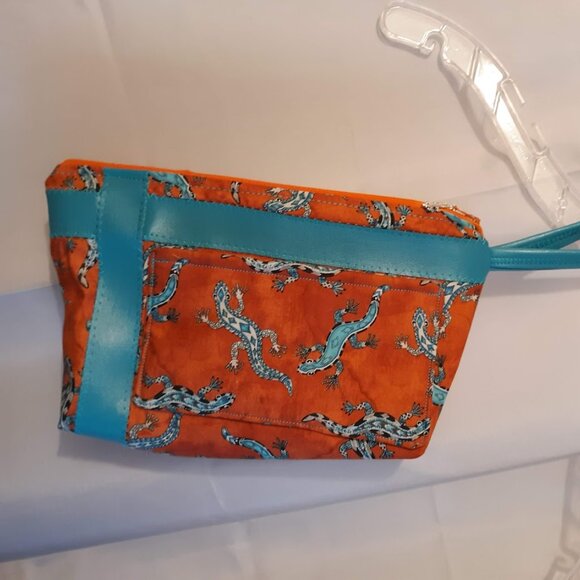 New Gecko theme Vinyl trim Clutch travel make-up bag Wristlet cosmetics Rust Blu - Picture 4 of 12